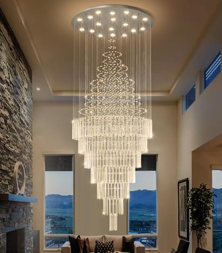 HAIXIANG W40 x H120 Glam Chandelier with LED Bulbs Crystal Raindrop High Ceiling Pendant Light for Entrance Large Villa Chandelier Foyer Lighting Fixtures Silver - Image 4
