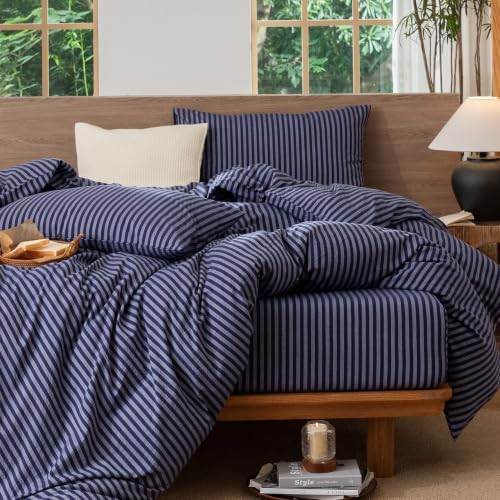 MooMee Striped Duvet Cover Set 100% Washed Cotton Linen Like Queen - Image 7
