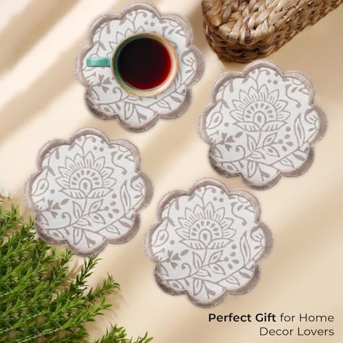 Ridhi 8-Pcs 100% Cotton Hand Block Print Drink Coasters 5" in Taupe Jal - Image 5