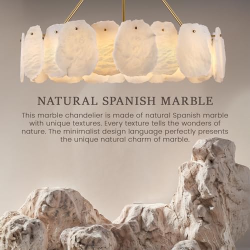 Round Alabaster Chandelier, 32in Spanish Marble Chandeliers for Dining Room, Alabaster Modern Chandeliers for Living Room, Adjustable Gold Chandelier for Bedroom, Bathroom, Kitchen, Foyer, Entryway - Image 4
