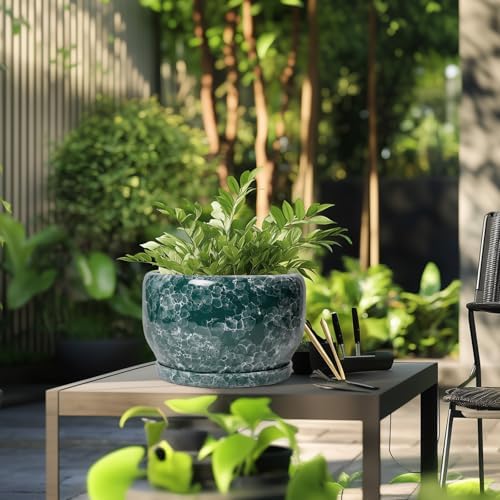 SQOWL 10 Inch Plant Pot - Ceramic Planter for Indoor Plants Outdoor, Large Ceramic Flower Pot with Drainage Hole and Saucer, Decorative Round Planter, Living Room Decor, Gifts for Women Men, Green - Image 5