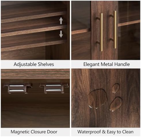 FORTUNETEC 64" Sideboard Buffet Cabinet with Arched Glass Doors,Dark Walnut - Image 4