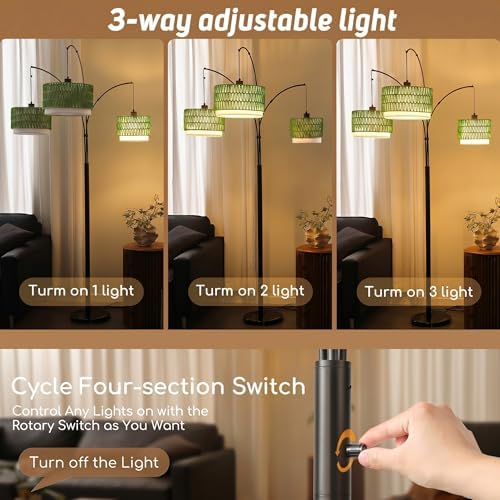 3-Light Arc Rattan Floor Lamp for Living Room,80'' Boho Tree Lamp - Image 2