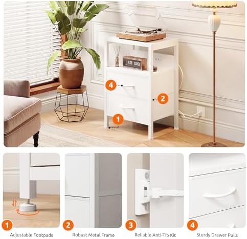 Lazzanto Night Stand with Charger Station for Bedroom, White Nightstand - Image 6