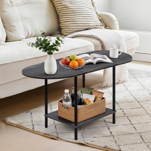 Small Coffee Table,35.4'' Oval Coffee Table with Storage Shelf & Metal Frame,Low Cocktail Tea Accent Table for Apartment,Modern Mid Century Small Living Room Table,Dark Gray - Image 6