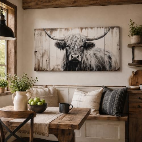 Large Highland Cow Canvas Wall Art, Black and White Cow Picture, 24x48 Inch by MBFKVFE