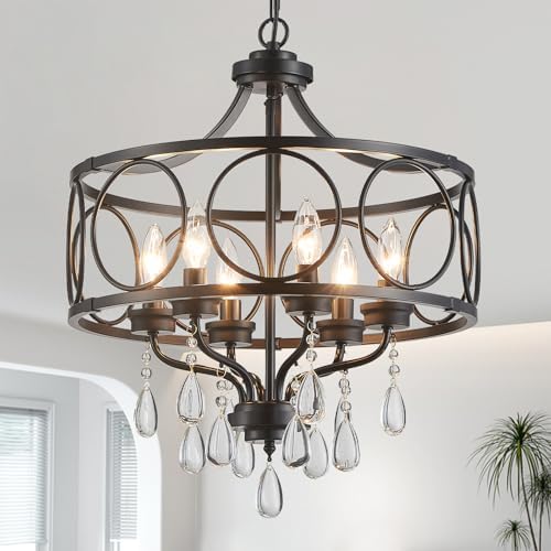 Modern Black Chandelier 17.7" Metal Crystal Pendant Lighting Fixture Hanging 6-Light for Dining Room Bedroom Living Room Kitchen Entryway by Majhoiw