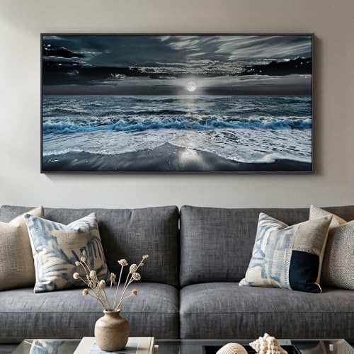 Large Framed Coastal Moonlight Ocean Wall Art for Living Room, 24x48 Inch by MXART