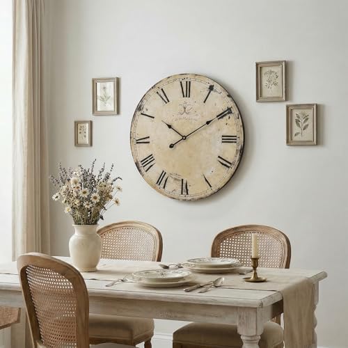24 Inch Vintage Yellow Wall Clock, Farmhouse Silent Non-Ticking Battery Operated Wall Clocks, Large Roman Numeral Dial Decorative Round Wall Clock for Living Room, Kitchen, Office - Image 4