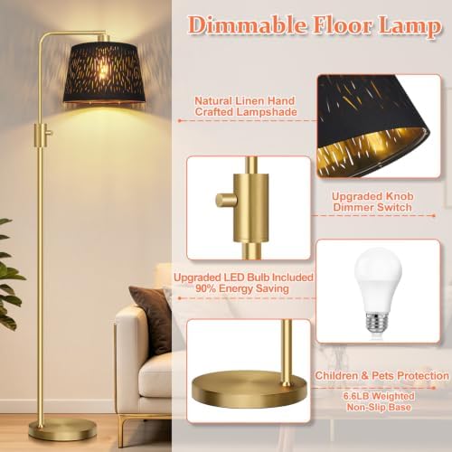 【Upgraded】 Dimmable Gold Floor Lamp, 1000 Lumens LED Edison Bulb Included, Arc Black Floor Lamps for Living Room Modern Standing Lamp with Black Grid Shade, Tall Lamps for Living Room Bedroom Office - Image 5