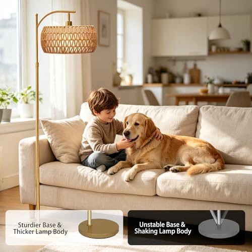 Gold Floor Lamps for Living Room, Arc Floor Lamp with Remote & Dimmable Bulb, 3 Color Temp Boho Standing lamp with Rattan Cage Shade, Height Adjustable Tall Lamp for Bedroom Corner - Image 4