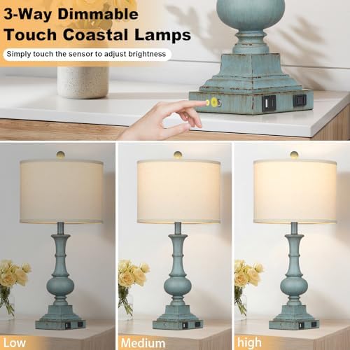 Lolikit 26" Tall Coastal Farmhouse Lamp for Living Room, Vintage Table Lamp with USB A/C Charging Ports & AC Outlets for Nightstand,3-Way Dimmable Touch Control Bedside Lamp for Bedroom End Table Blue - Image 3