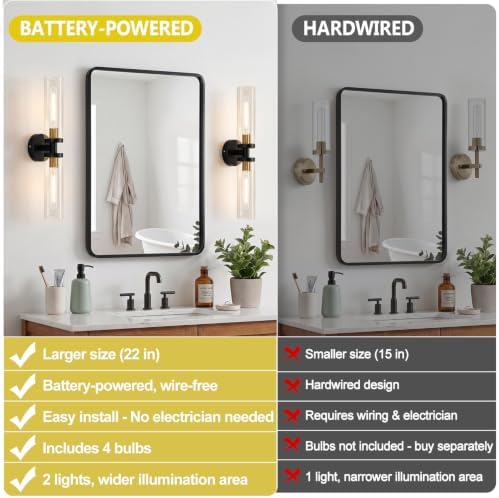 Battery Operated Wall Sconces Set of Two, Black and Gold Wall Light fixtures with Wireless Remote Control，Rechargeable Dimmable Wall Sconces with 3000K Bulbs for Bathroom Mirror Living Room Bedroom - Image 2