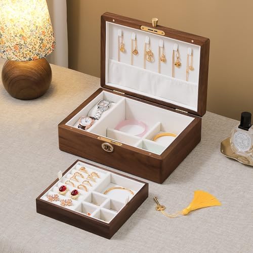 Black Walnut Wooden Lockable Jewelry Box, 2 Layer Organizer Case for Women by Vwixkuxx