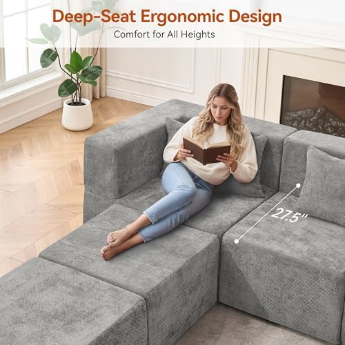 MONVANE Modular Sectional Cloud Couch for Living Room - 130'' 6 Seater Convertible Chenille Couches Set with Ottoman, No Assembly Compression Sofas, Comfy Floor Sofa with Memory Foam, Light Grey - Image 6