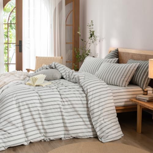 BESTOUCH Striped Cotton Duvet Cover Set Linen Feel King - Image 4