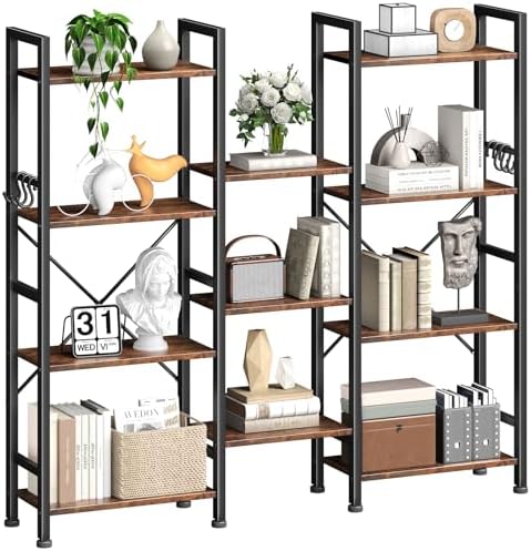 Furologee Triple 4 Tier Bookshelf, Bookcase with 11 Open Display Shelves, Large Book Shelf with 6 Hooks, Rustic Bookshelves Storage Organizer, Decorative Shelving Unit for Living Room, Home Office by Furologee