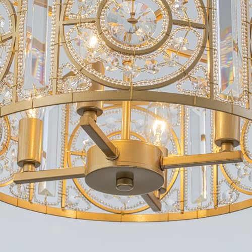 Vintage Crystal Round Chandelier 14.17" Gold Dining Room Chandelier Over Table 4-Lights Classic Drum Pendant Light Fixture for Living Room Kitchen Island Entryway. - Image 7