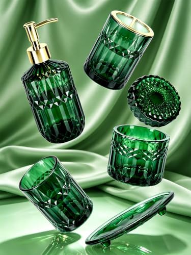 Haturi Dark Green Bathroom Accessories Set, Glass Bathroom Set, 5 Pcs - Image 2