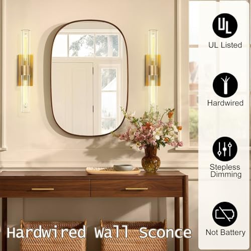 Brass Vanity Light Hardwired, 2-Light Bathroom Wall Sconce Over Mirror, 22.8" Gold Vanity Lights for Bathroom, Dimmable Wall Sconce with Glass Tube, Linear Wall Sconces vertical & horizontal, 1 PC - Image 6