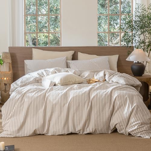 MooMee Striped Duvet Cover Set 100% Washed Cotton Linen Like Queen by MOOMEE