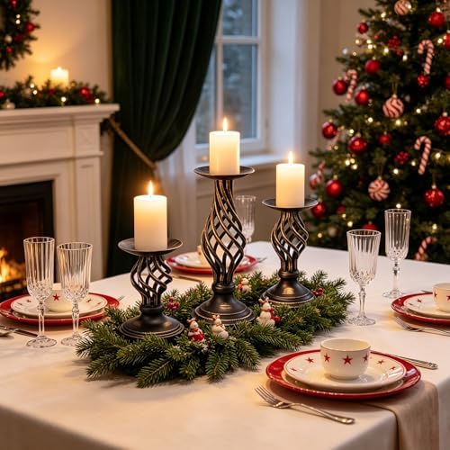 GOESWELL Black Pillar Candle Holder: Vintage Candle Holders Set of 3 for Table Centerpieces Mantle Living Room - Metal Openwork Candle Sticks Holder Decor for Farmhouse Wedding - Image 2