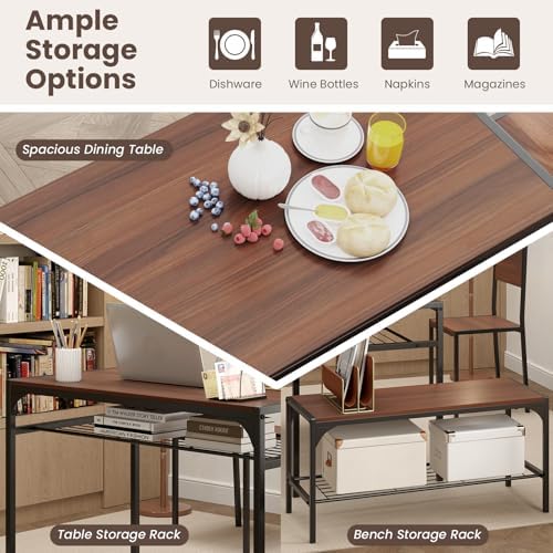 Giantex Dining Table Set for 4, Kitchen Table with Chairs & Bench, Storage Racks, Metal Frame, 4-Piece Space-Saving Dinette Set for Dining Room, Breakfast Nook, Small Space, Apartment, Walnut - Image 4