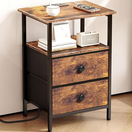 Nightstand with Charging Station, Bedside End Table with 2 Fabric Drawers for Bedroom, Side Table with USB Ports and Outlets, Rustic Brown by Unknown