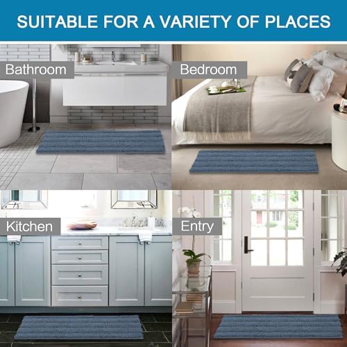 H.VERSAILTEX Bath Rugs for Bathroom Non Slip Bath Mats Thick Chenille Striped Bath Rug Runners 47" x 17" Absorbent Fluffy Soft Shaggy Mats Dry Fast Plush Area Carpet for Bath Room - Blue Indigo - Image 6