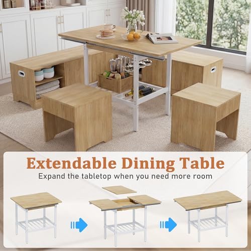 Extendable 6-Piece Breakfast Nook Set with Storage Benches & Stools, Corner Dining Table Set with Wine Glass Holder, Space-Saving Kitchen Table for Indoor/Outdoor Use (Natural Wood) - Image 2