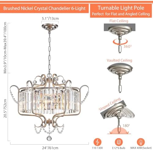 Modern Crystal Chandelier for Dining Room 24" Brushed Nickel Light Fixtures 6-Light Farmhouse Pendant Lighting for Kitchen Island Bedroom Hallway Entryway - Image 2