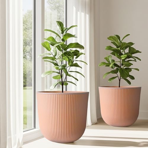 Worth Garden Round Large Planter Pot Set of 2, 17.5" Dia x 15.5" H - Durable Plastic Terracotta Plant Tree Pots with Vertical Stripe Textured Finish, Drainage Hole for Indoor Outdoor Front Porch Patio - Image 7