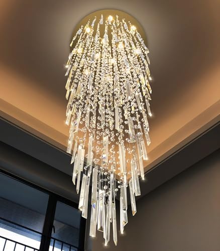 98'' Modern Crystal Chandelier High Ceiling Chandeliers for Entryway Large Raindrop Chandeliers LED Dimmable Flush Mount Light Fixtures for Staircaes Foyer Hallway Living Room LED Bulbs Included Gold by CENOZO