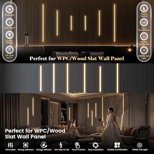 6-Lights LED Recessed Lighting Wall Panel Lights,Self-Adhesive Wood Slat Wall Panel Strip Light,4000K Touchable Switch Dimmable LED Aluminum Channel lamp,Under Cabinet Light(39in+31.5in+23.6in) - Image 2