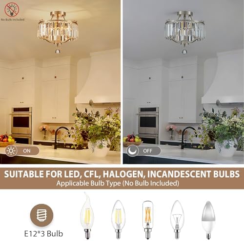 Brushed Nickel Crystal Semi Flush Mount Ceiling Light Fixture Modern Farmhouse Small Chandelier 3-Light Round Crystal Mini Chandelier for Dining Room Entryway Hallway Kitchen Bedroom Foyer - Image 2
