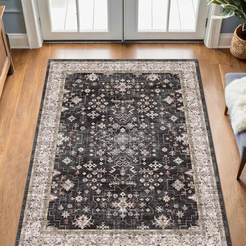 Black Boho Washable Entry Rug, 3x4 Rugs for Entryway Kitchen Bathroom Door Mat Indoor Entrance, Non Slip Rubber Backing, Stain & Fade Resistant, Ashen Charcoal Floral Design - Image 3