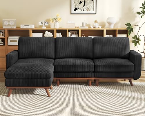 Vesgantti 97" Modular Sectional Sofa Black, L-Shaped Couch with Movable Ottoman, Comfy Corduroy Couch with Spring Cushion, Modular Sofa with Deep Seat for Living Room, Bedroom and Apartment by Vesgantti