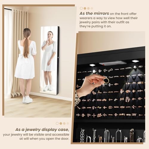 NAFORT 2 LEDs Jewelry Armoire with Full Length Mirror, 47.5" H Wall or Door Mounted Jewelry Cabinet with 2 Drawers, Lockable Jewelry Organizers and Storage, Hanging Jewelry Organizer, Black - Image 5