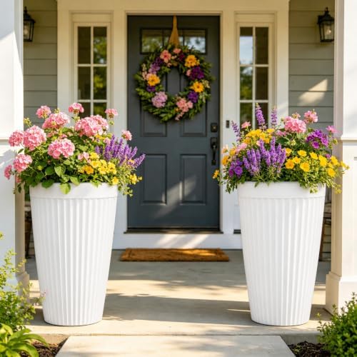 Autodaya 20" Tall Fluted Resin Planters Set of 2 with Drainage Holes by Unknown