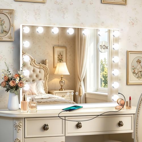 Ratsamee Hollywood Vanity Mirror with Lights, 17 Dimmable Bulbs, 3 Color Lights,Make Up Lighted Mirror, Aluminum Metal Frame, USB Charging Port（28" x 20"） by RATSAMEE