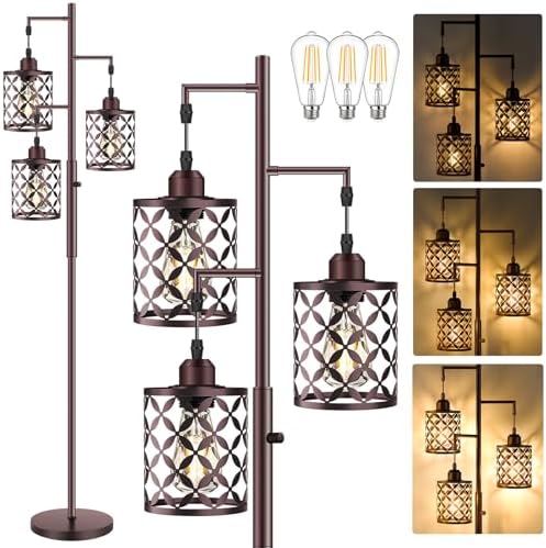 Industrial Tree Floor Lamp, Dimmable Farmhouse Tall Standing Lamp with Quatrefoil Cutout Shades & Rotary Dimmer Knob, Corner Light for Living Room Bedroom, 3 x800LM Bulbs Included-68 Brown by GHOOCEMLUX