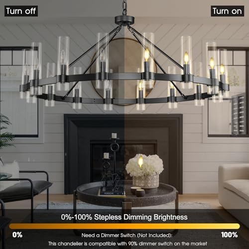 Black Wagon Wheel Chandelier, 48" Modern Chandeliers with Glass Shade, 16-Light Large Chandelier for High Ceiling, Farmhouse Chandeliers for Dining Room, Living Room, Foyer, Stairway(Bulbs Included) - Image 6