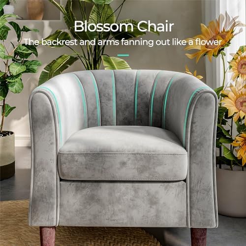 LINSY Accent Chair with Ottoman, Modern Armchair Comfy Barrel Reading Chair with Footrest for Living Room Bedroom Reading Room, Velvet, Light Grey - Image 4
