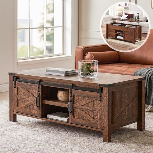 OKD 48" Farmhouse Lift Top Coffee Table Sliding Barn Door ReclaimedBarnwood by OKD