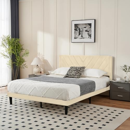 Queen Size Platform Bed Frame with Velvet Headboard, Wing Edge, Sturdy Wooden Slats, Noise-Free, No Box Spring Needed, Easy Assembly, Beige - Image 3