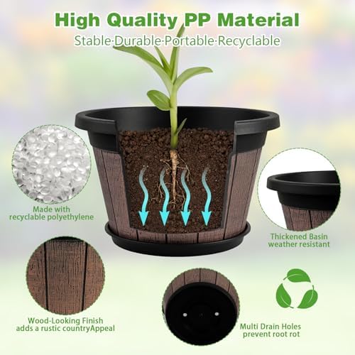 Quarut 4 Pack 8 inch Pots for Plants,Upgrade Whiskey Barrel Planters - Image 2