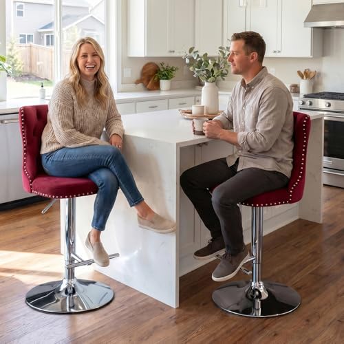 SoarFlash Velvet Bar Stool Set of 2, Adjustable Swivel Bar Stools with Silver Plated Metal Leg, Button Tufted, Footrest, Chrome Nailhead, Counter Height Chair for Kitchen, Bar, Dining Room (Wine Red) - Image 4