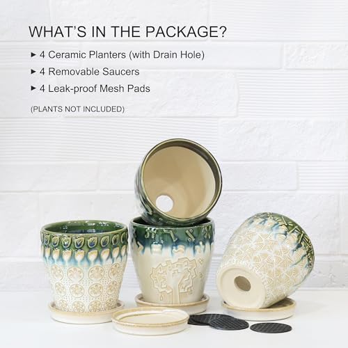 Succulent Planter 4 inch, Succulent Pot with Drainage Holes, Saucers and Mesh Pads for Indoor Plants, Ceramic Pot for Indoor Plants- Set of 4 - Image 5