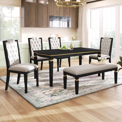 VilroCaz Modern Elegant Wood Kitchen Dining Table Set, 60'' Rectangular Table and 4 High-Back Tufted Chairs & 1 Bench, Home Breakfast Kitchen Dining Room Table Set for 6 (Black-10.6) by VilroCaz