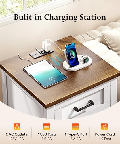 Decofy Farmhouse Nightstand with Charging Station, White & Walnut - Image 5